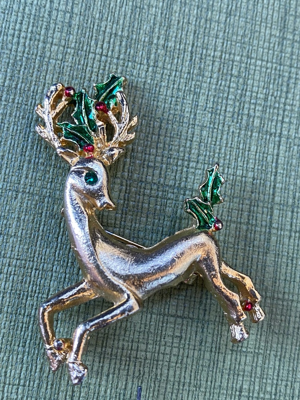 Vintage Gerry’s Gold Reindeer Brooch with Green and Red Accents